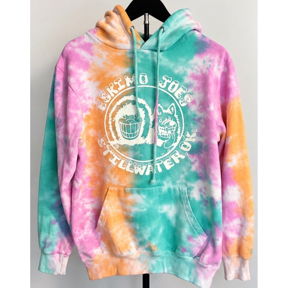 Eskimo Joes Stillwater OK Tie Dye Hoodie Pink Orange Teal BW Attire Medium